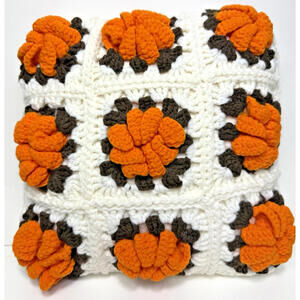 Vtg Granny Square Handmade Crochet Throw Pillow Orange Flowers White Brown